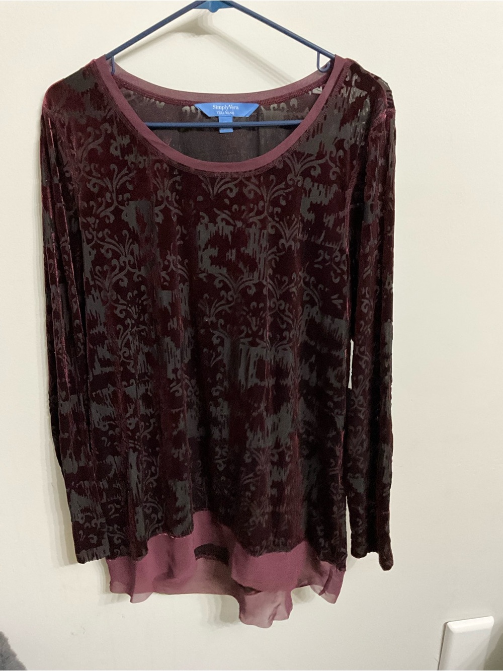 Simply Vera Vera Wang Burgundy Velvet Burnout Long Sleeve Top with Chiffon Hem